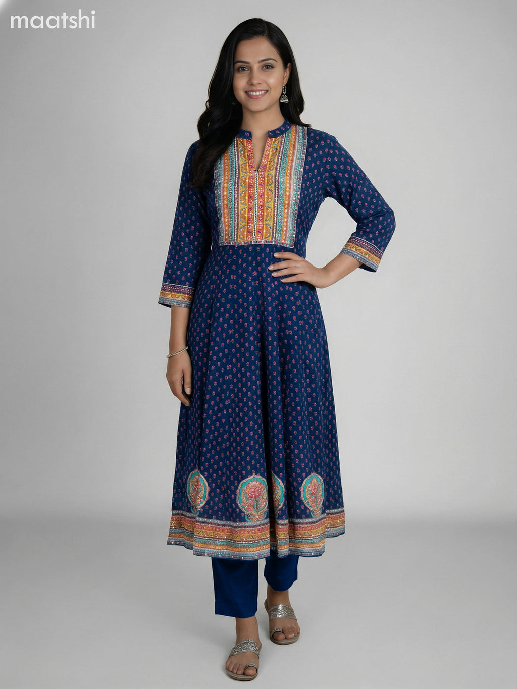 Peacock Blue Crepe Silk Printed Long Anarkali Suit