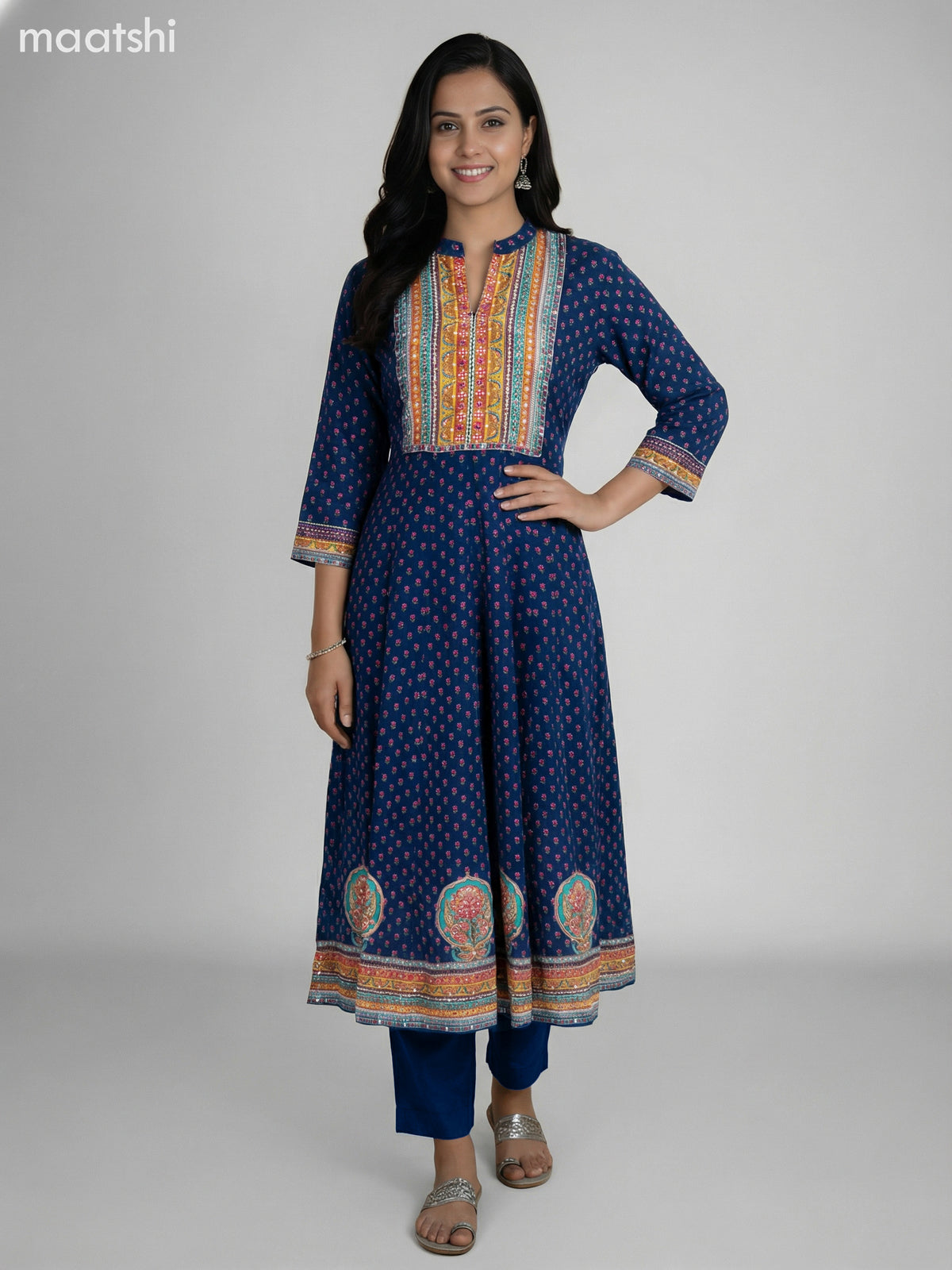 Peacock Blue Crepe Silk Printed Long Anarkali Suit