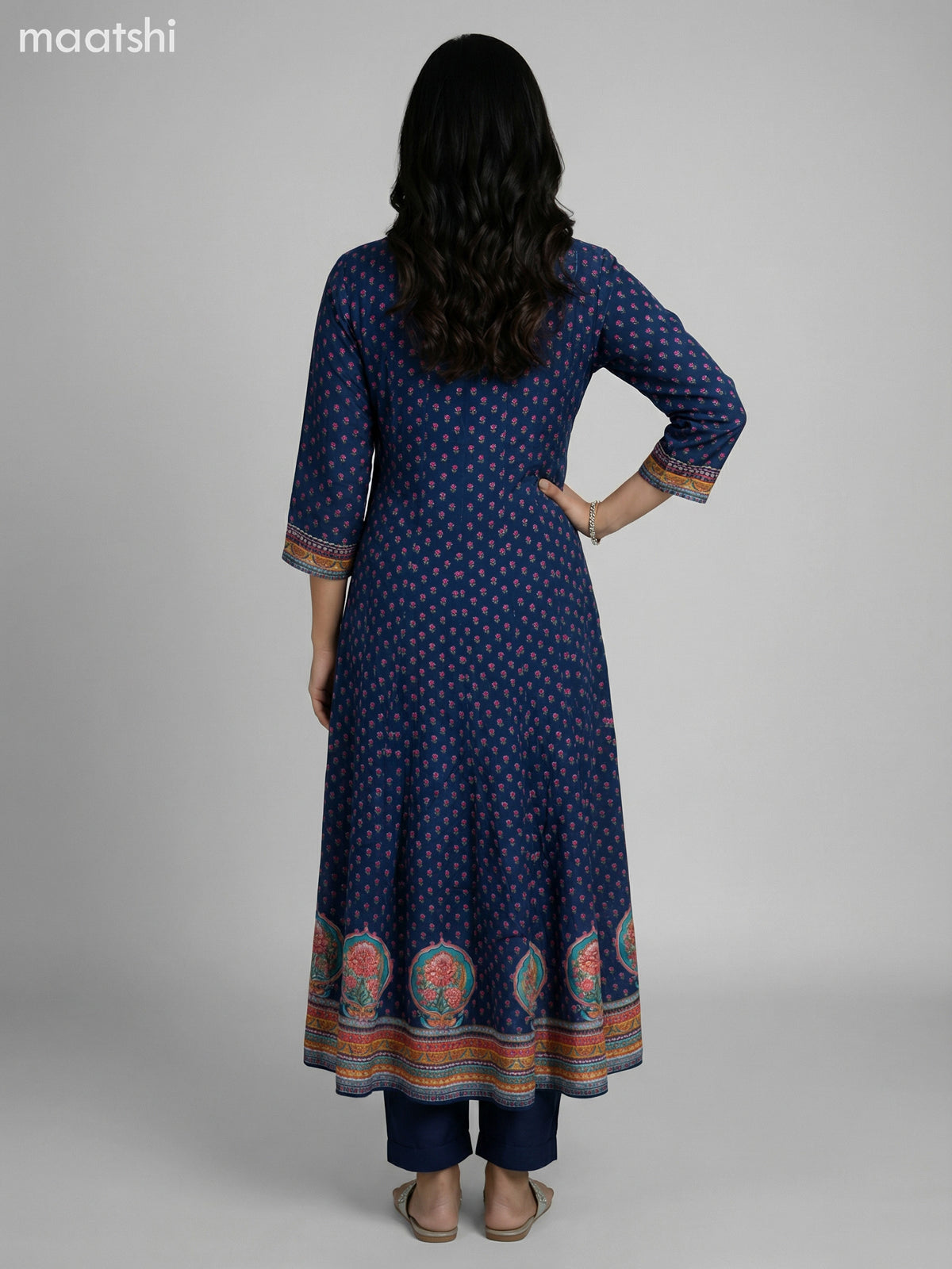 Peacock Blue Crepe Silk Printed Long Anarkali Suit