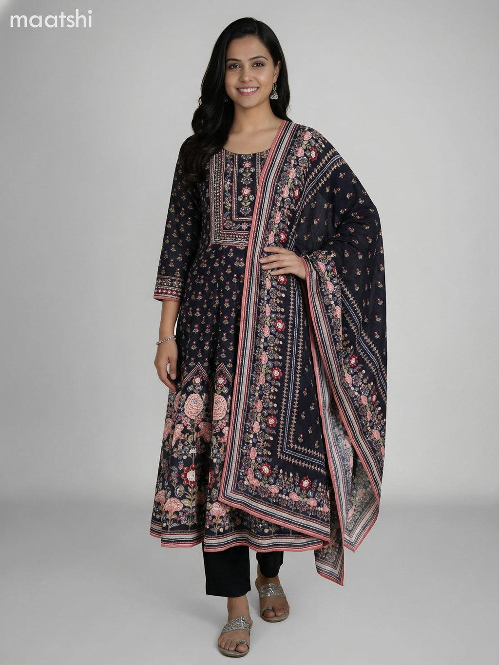 Black Crepe Silk Floral Printed Long Anarkali Suit