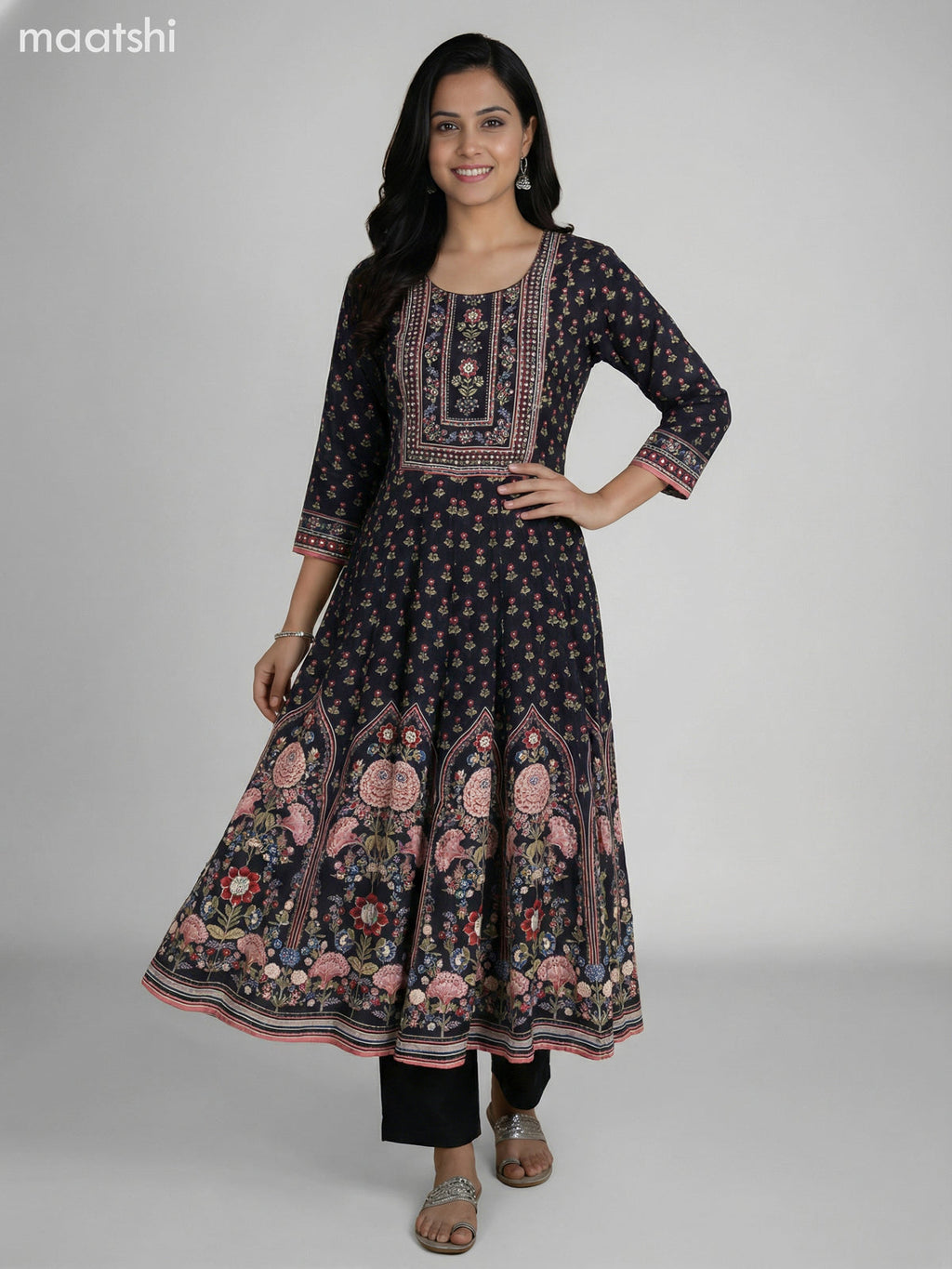 Black Crepe Silk Floral Printed Long Anarkali Suit
