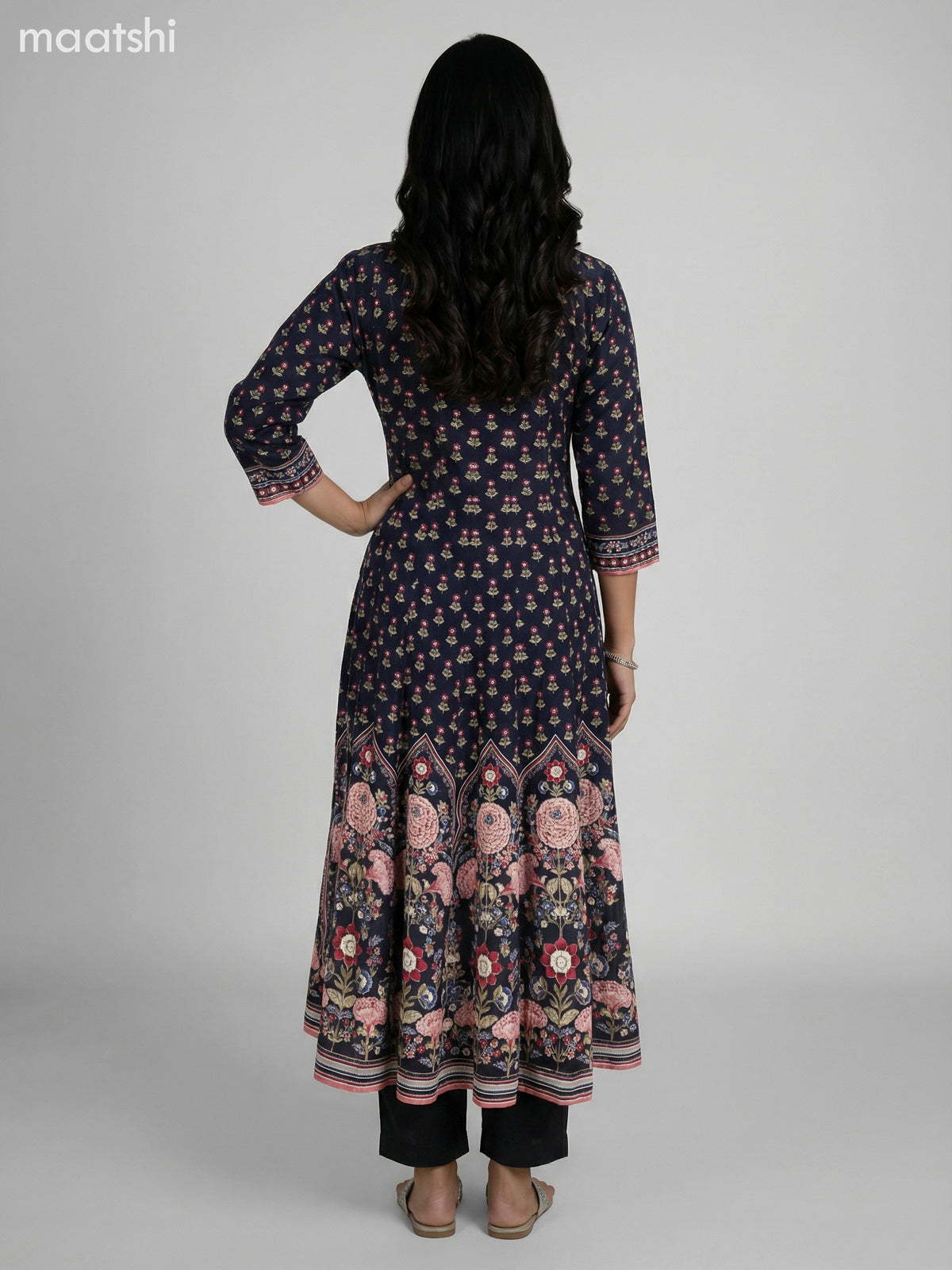 Black Crepe Silk Floral Printed Long Anarkali Suit