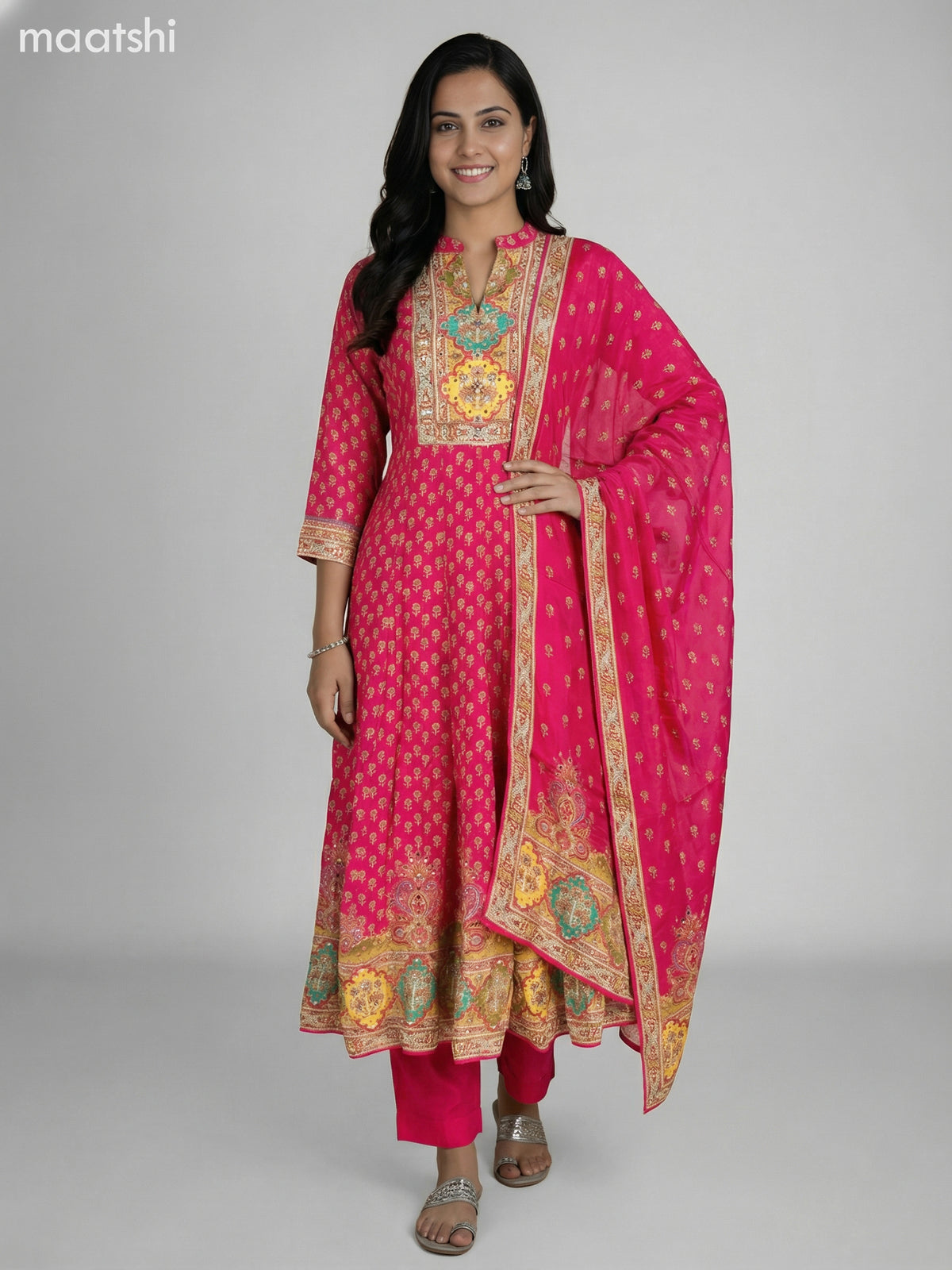 Pink Crepe Silk Floral Printed Long Anarkali Suit