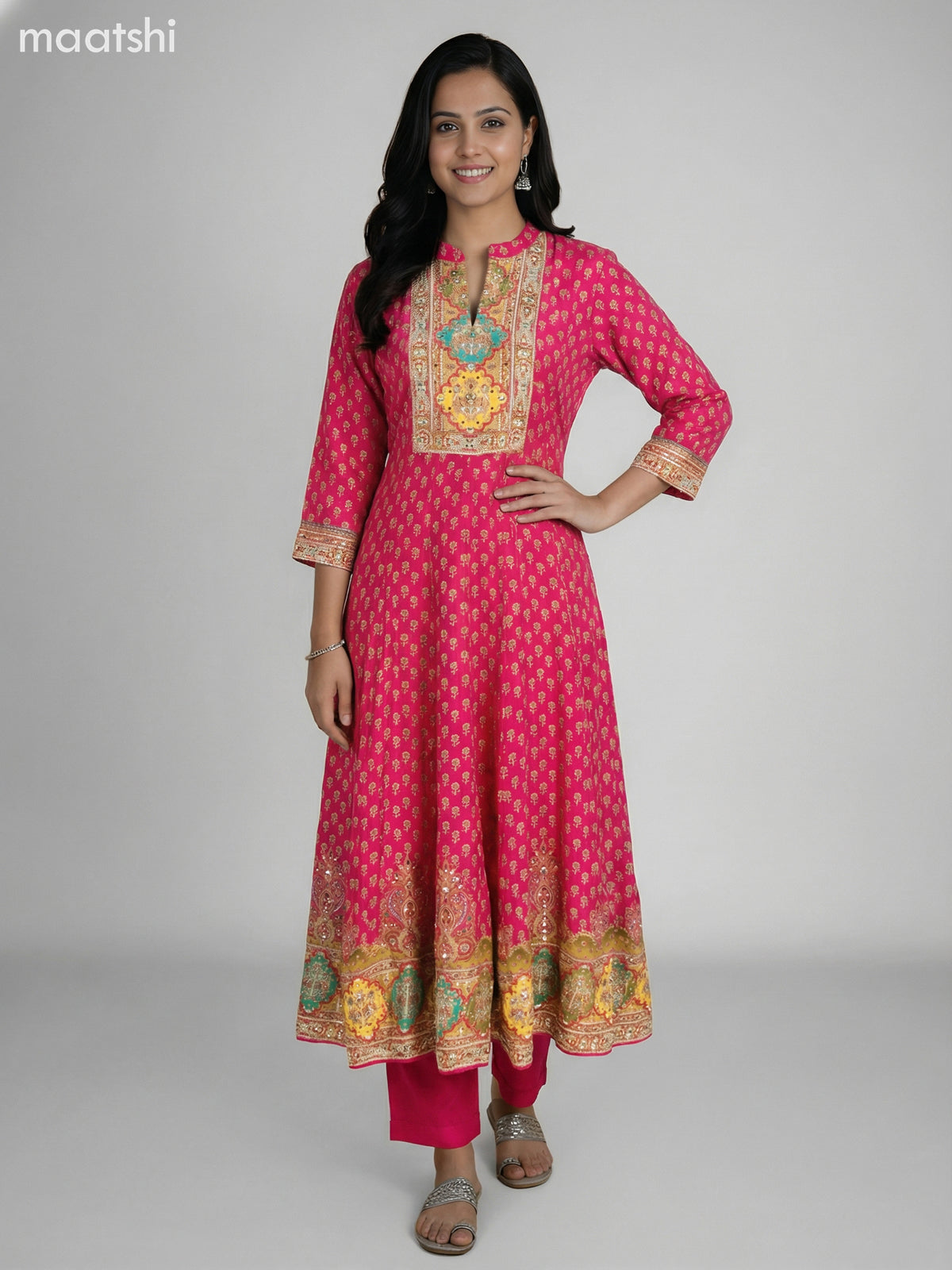 Pink Crepe Silk Floral Printed Long Anarkali Suit