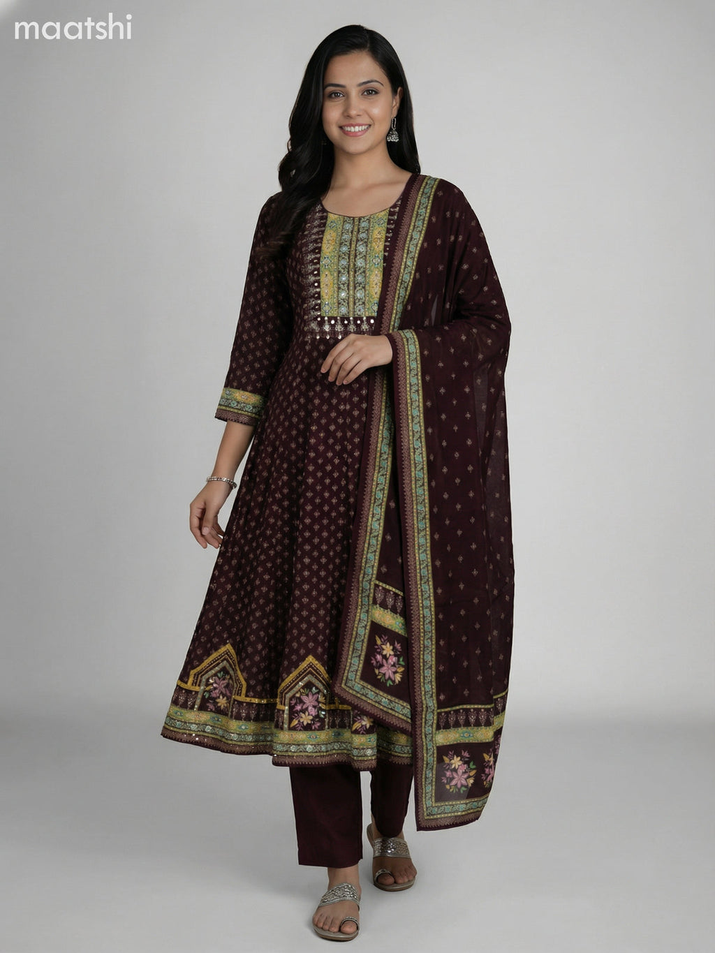 Dark Brown Crepe Silk Floral Printed Long Anarkali Suit