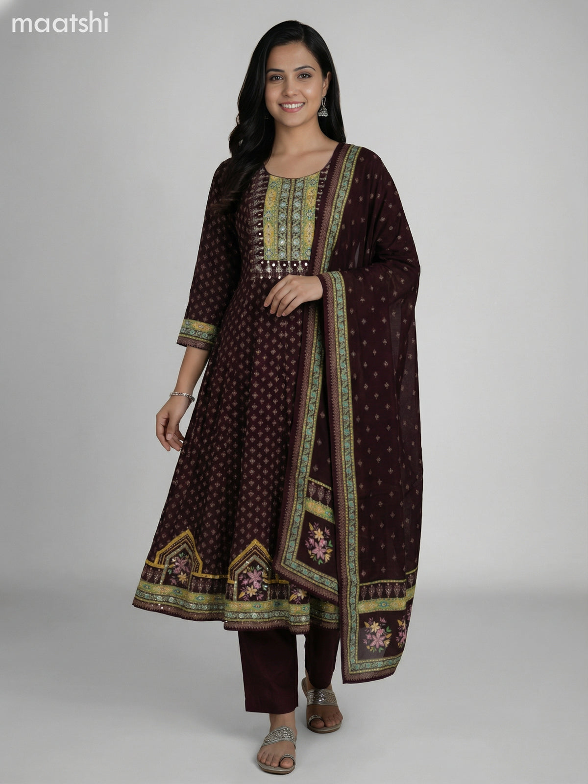 Dark Brown Crepe Silk Floral Printed Long Anarkali Suit