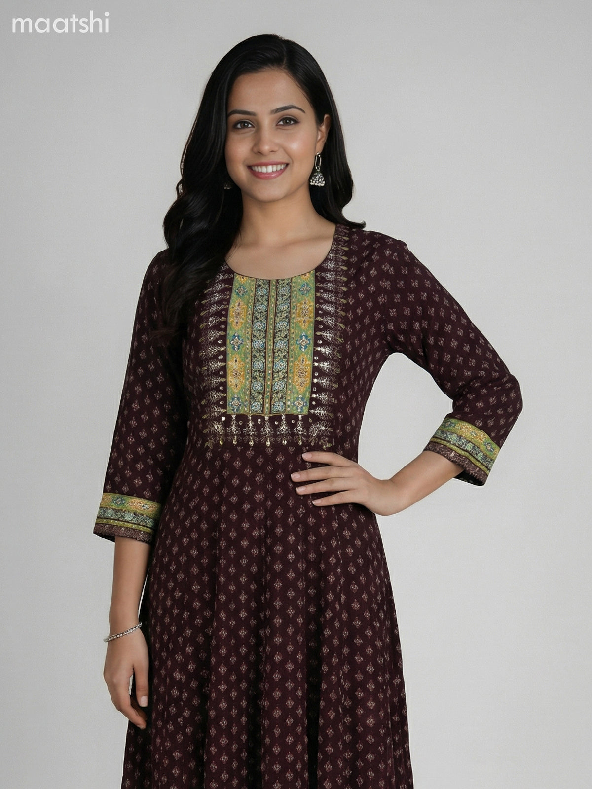 Dark Brown Crepe Silk Floral Printed Long Anarkali Suit