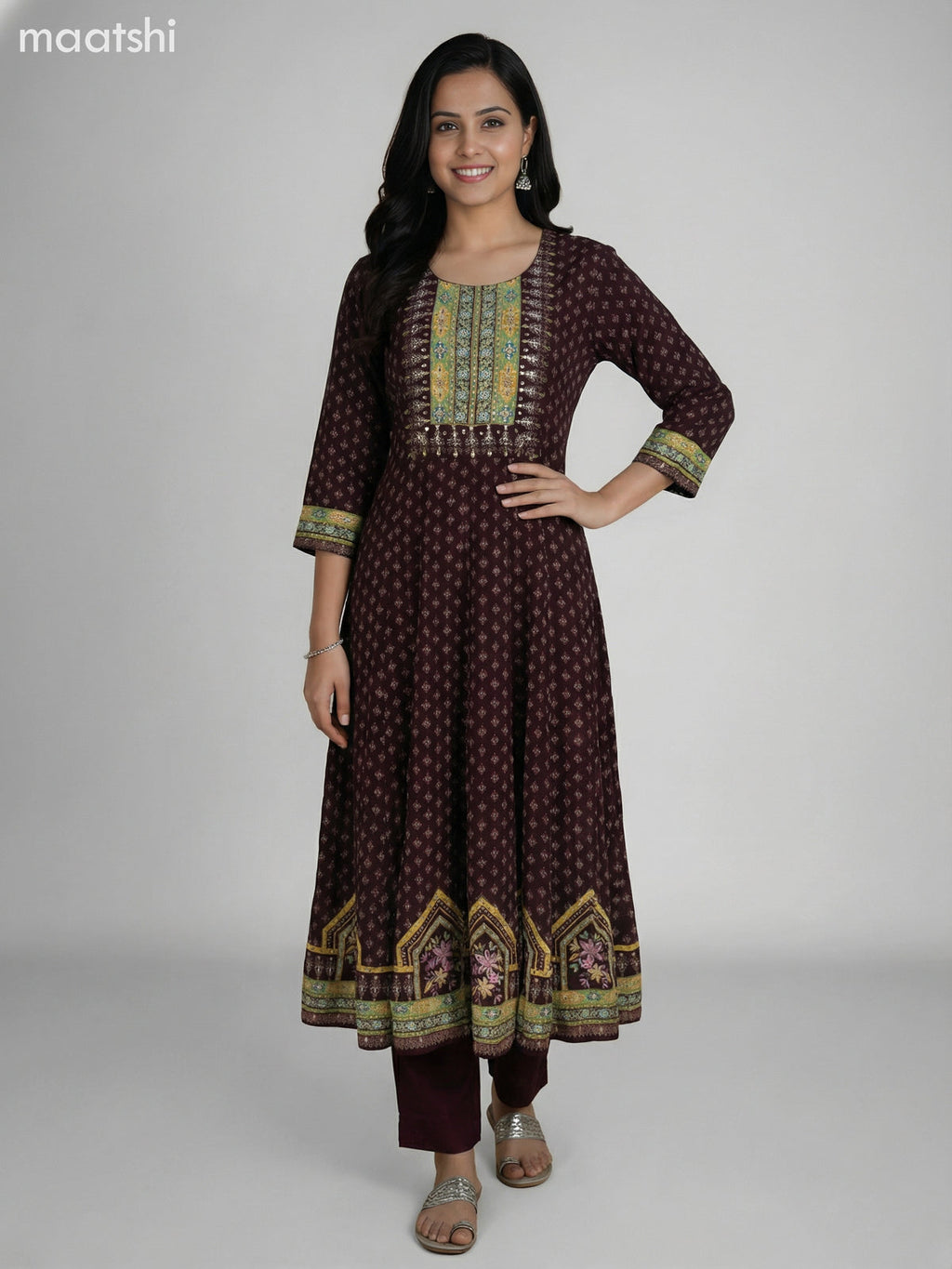 Dark Brown Crepe Silk Floral Printed Long Anarkali Suit