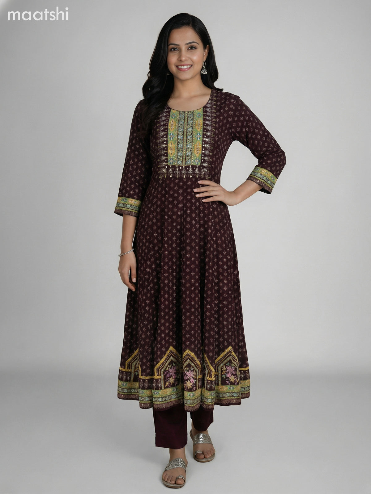 Dark Brown Crepe Silk Floral Printed Long Anarkali Suit