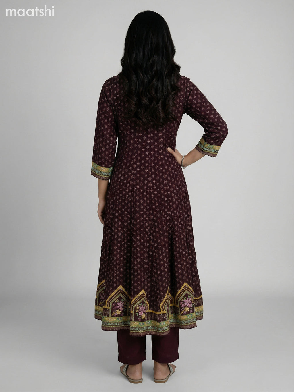 Dark Brown Crepe Silk Floral Printed Long Anarkali Suit
