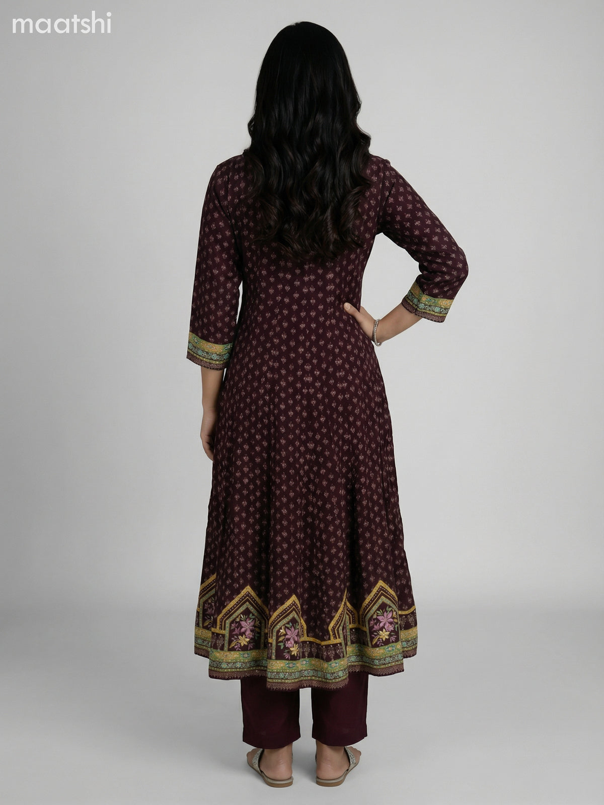Dark Brown Crepe Silk Floral Printed Long Anarkali Suit