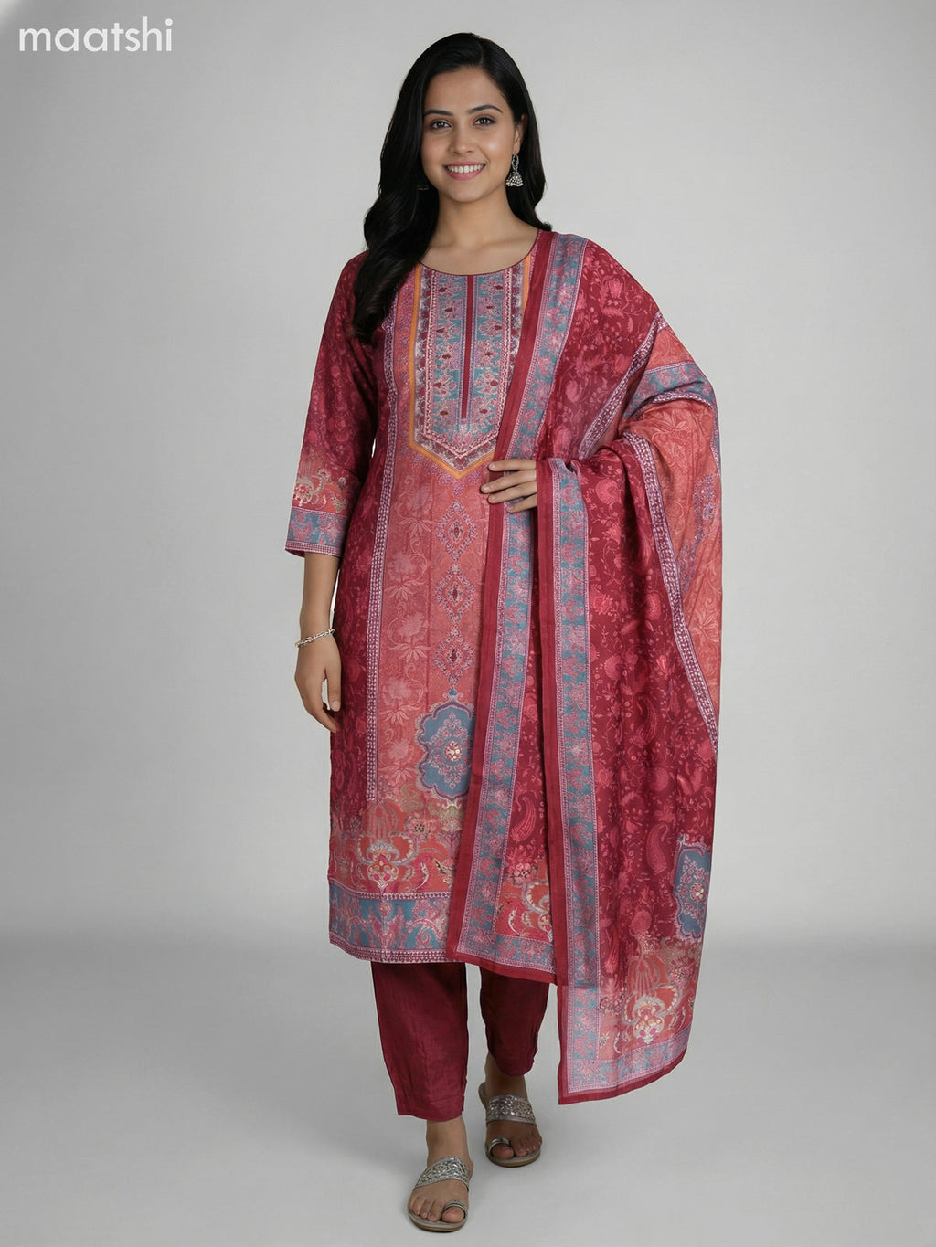 Maroon Modal Printed Straight Suit