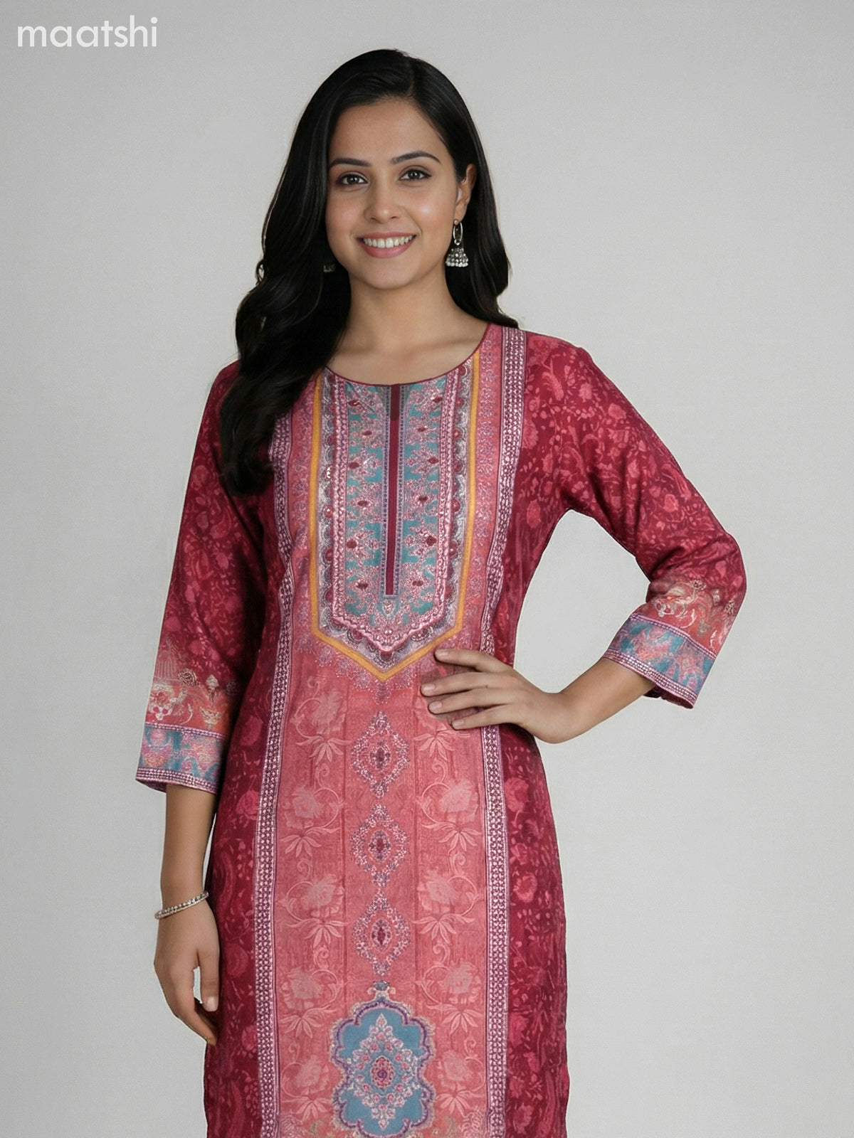 Maroon Modal Printed Straight Suit