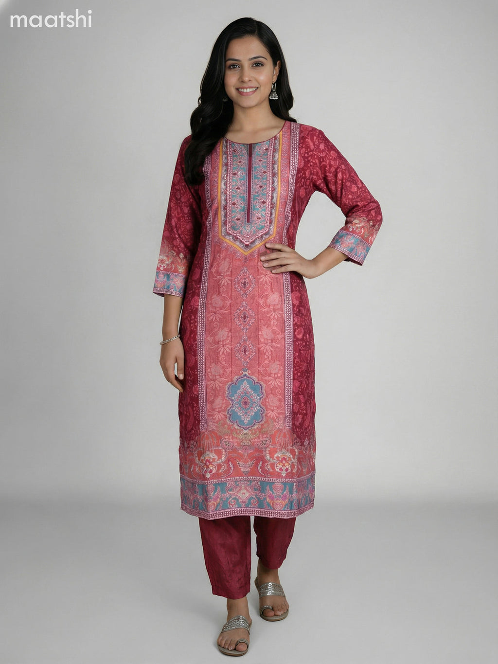 Maroon Modal Printed Straight Suit