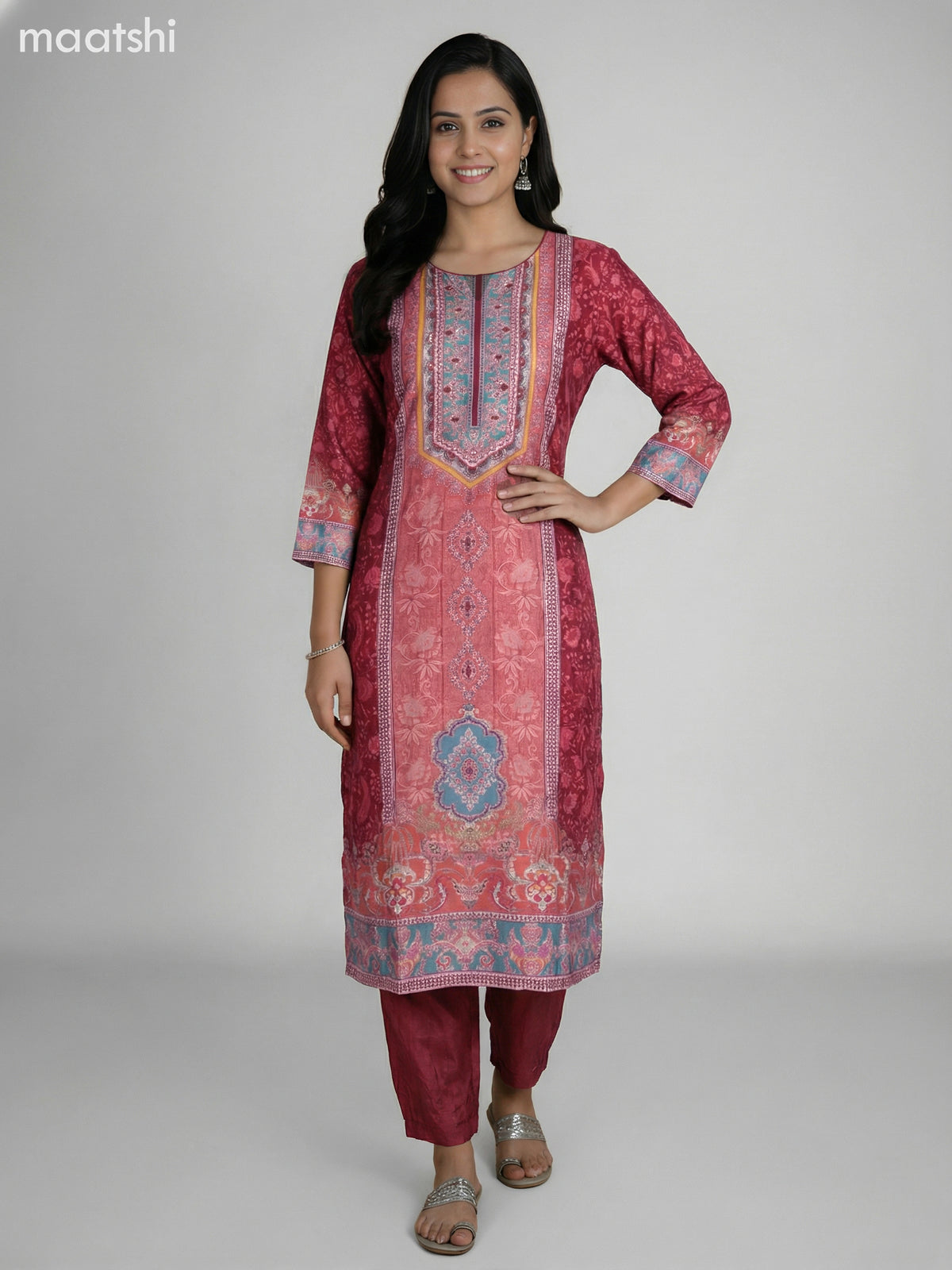 Maroon Modal Printed Straight Suit
