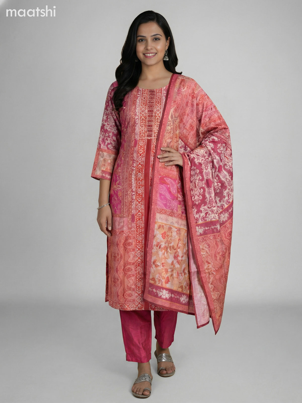 Pink and Beige Modal Printed Straight Suit