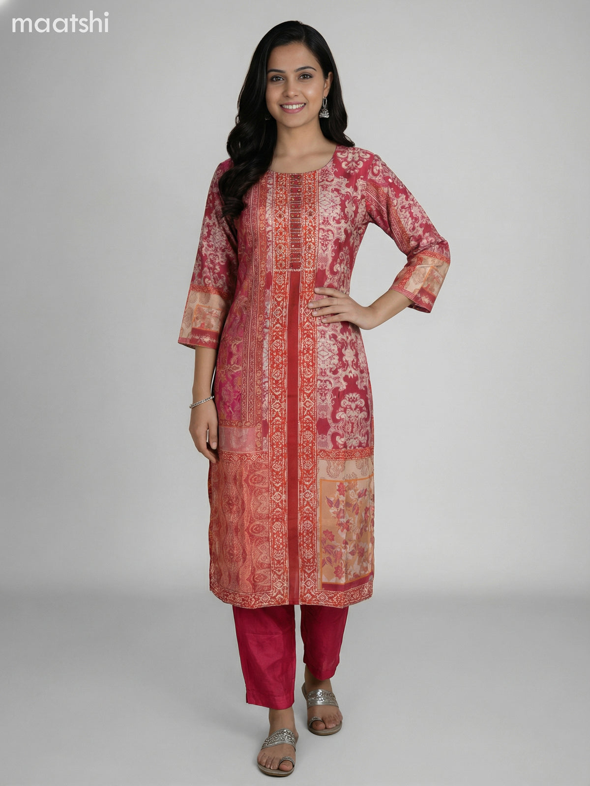 Pink and Beige Modal Printed Straight Suit