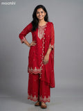 Red Semi Tussar Sequin Work Short Straight Suit