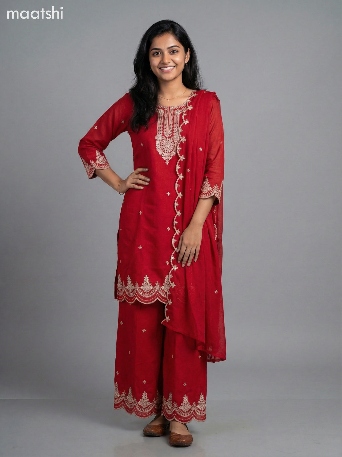 Red Semi Tussar Sequin Work Short Straight Suit