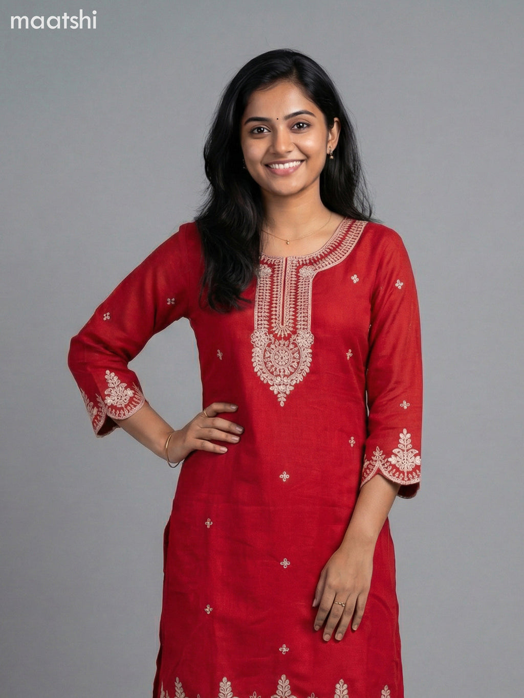 Red Semi Tussar Sequin Work Short Straight Suit