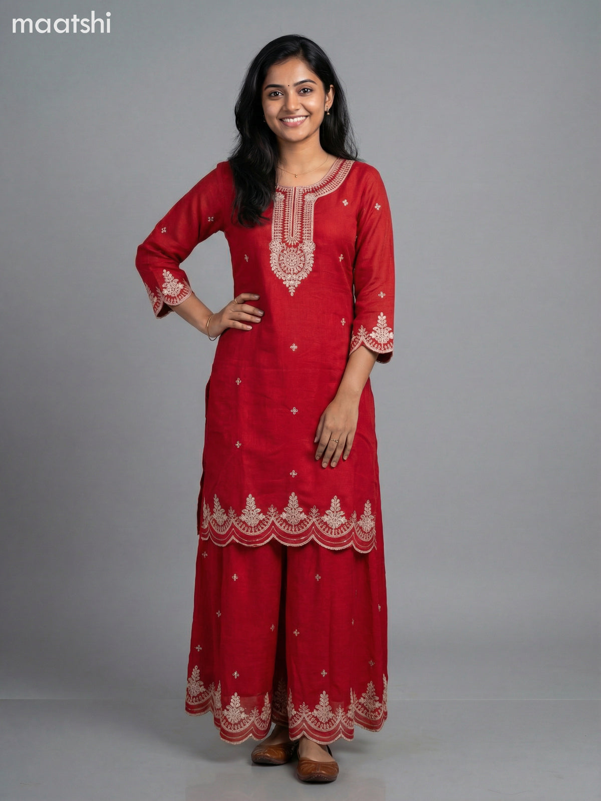 Red Semi Tussar Sequin Work Short Straight Suit