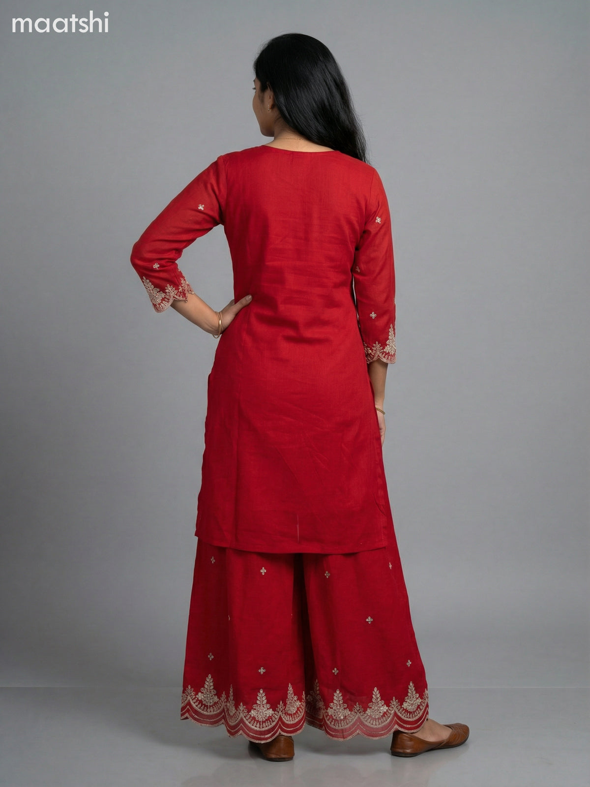 Red Semi Tussar Sequin Work Short Straight Suit