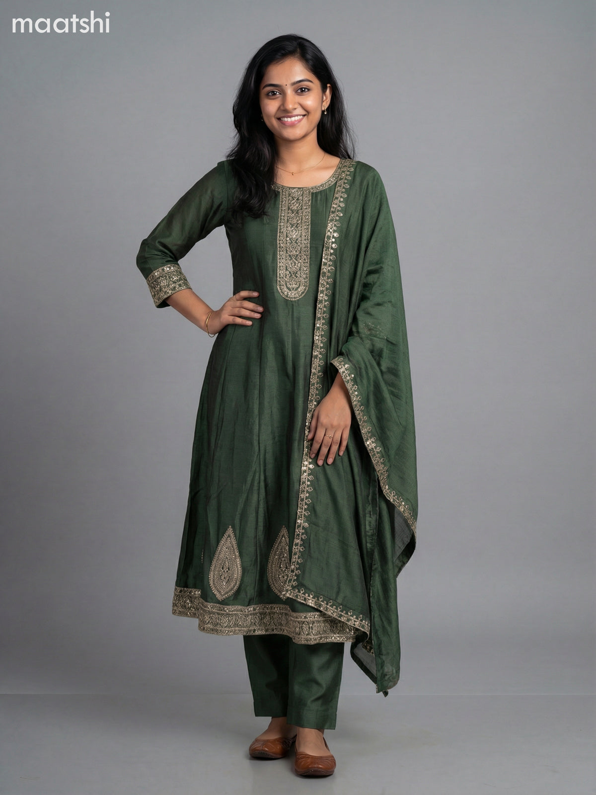 Sap Green Semi Tussar Sequin Work Anarkali Suit