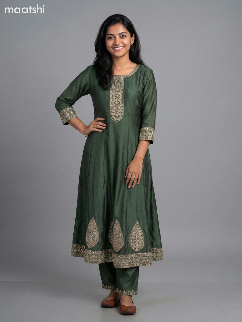 Sap Green Semi Tussar Sequin Work Anarkali Suit