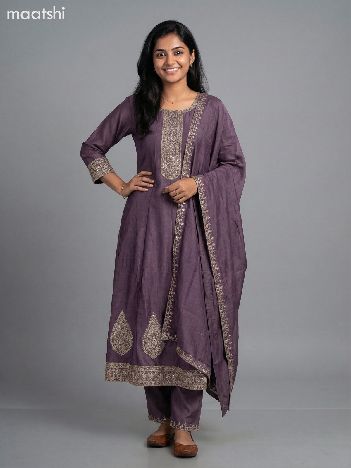 Rosy Brown Semi Tussar Sequin Work Anarkali Suit