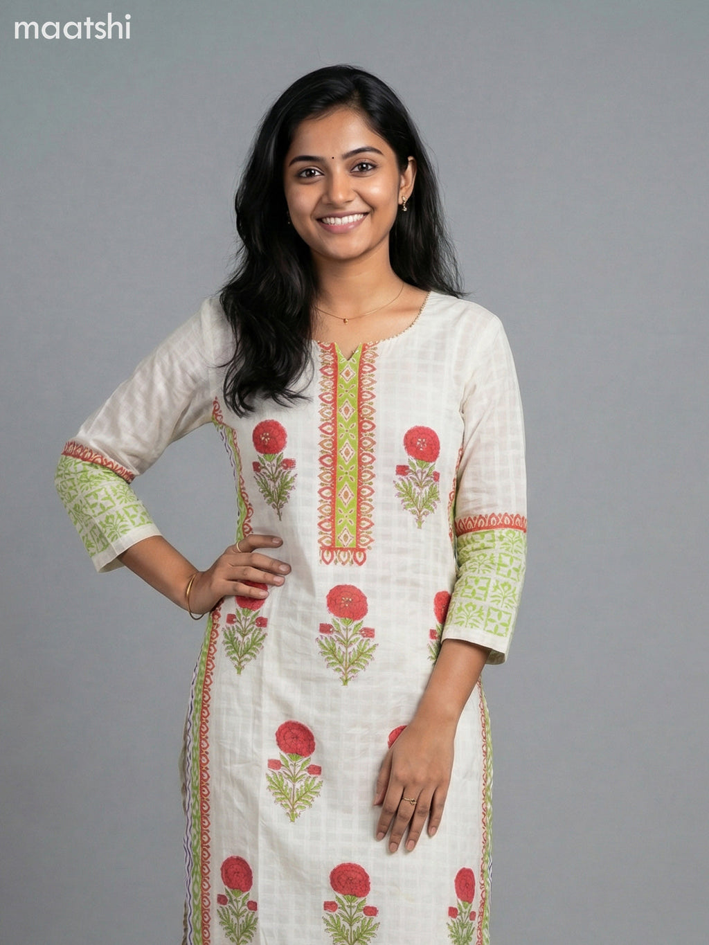 Cream and Red Cotton Printed Straight Suit