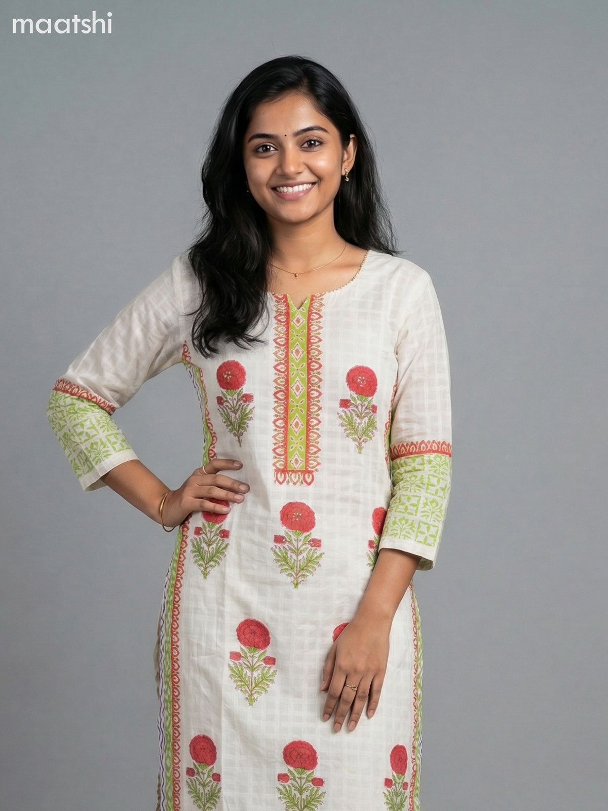Cream and Red Cotton Printed Straight Suit
