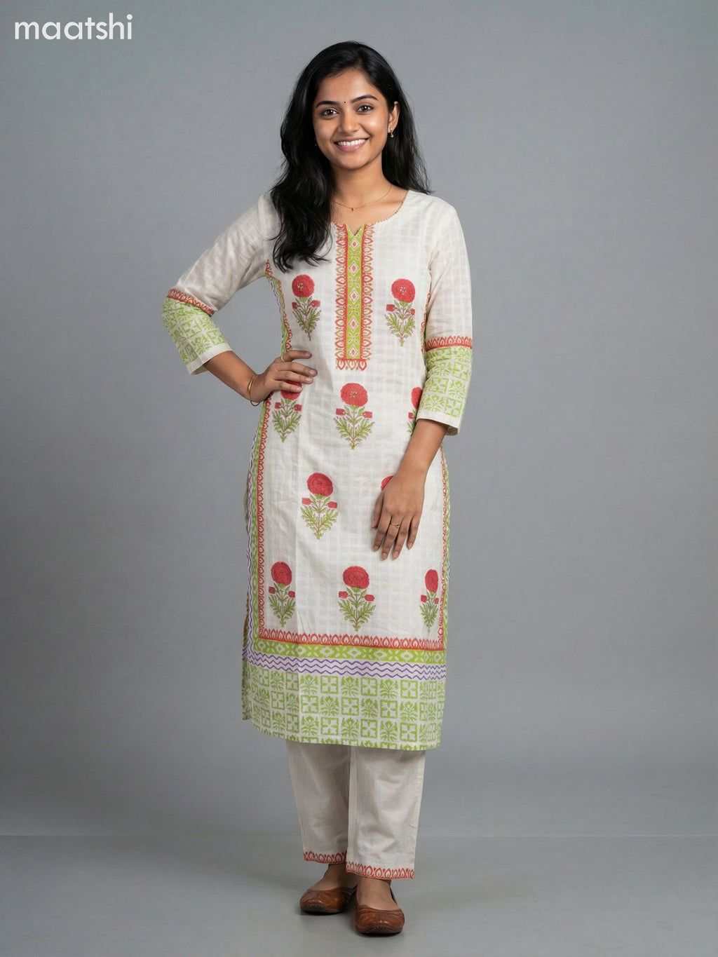 Cream and Red Cotton Printed Straight Suit