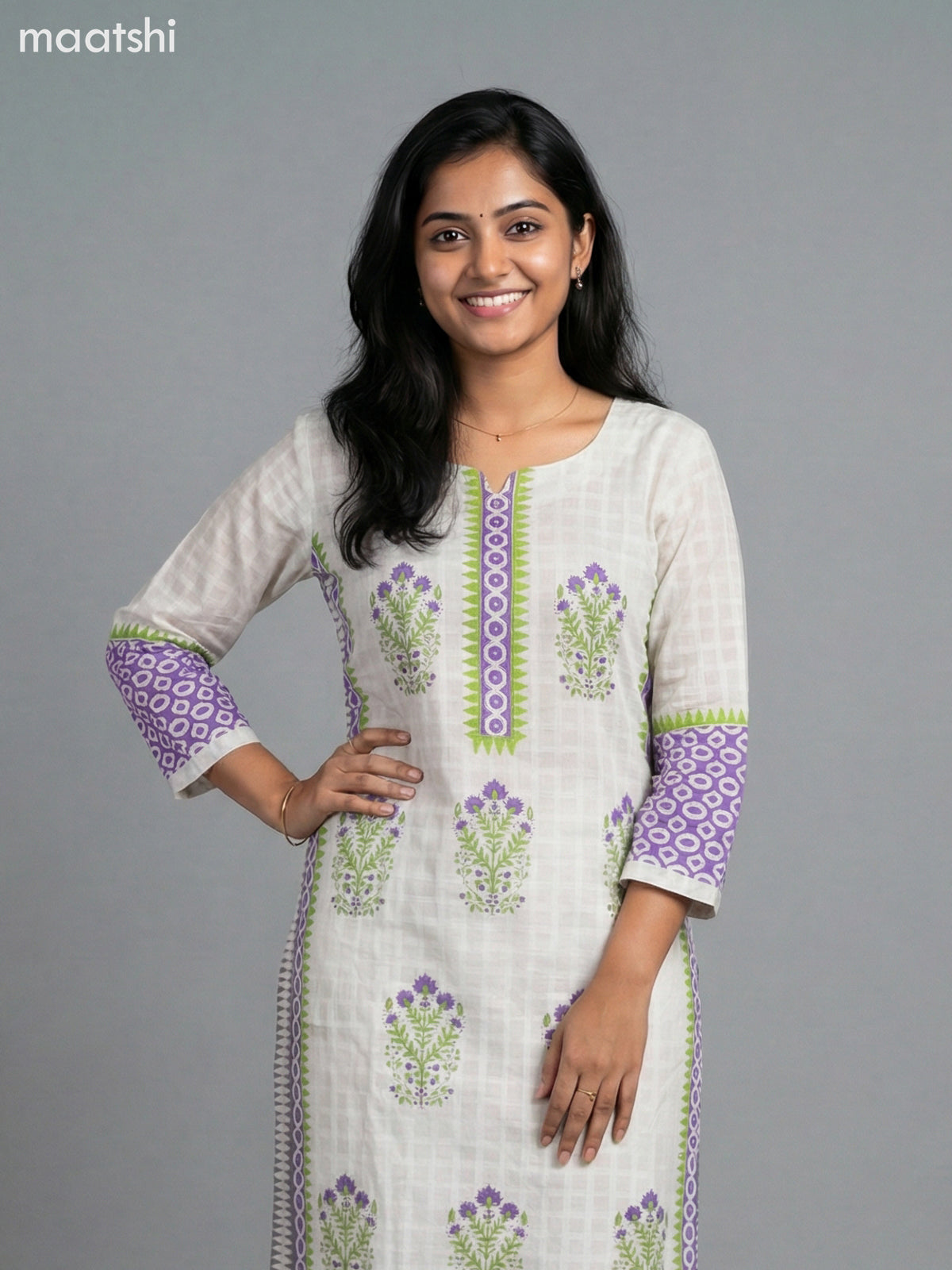 Cream and Lavender Cotton Printed Straight Suit