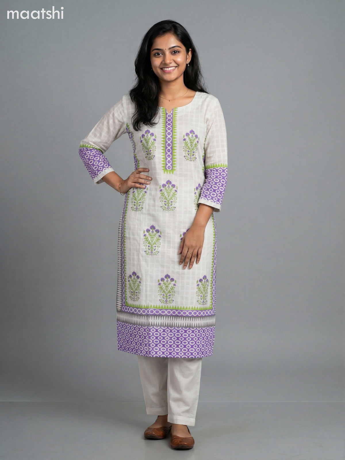 Cream and Lavender Cotton Printed Straight Suit