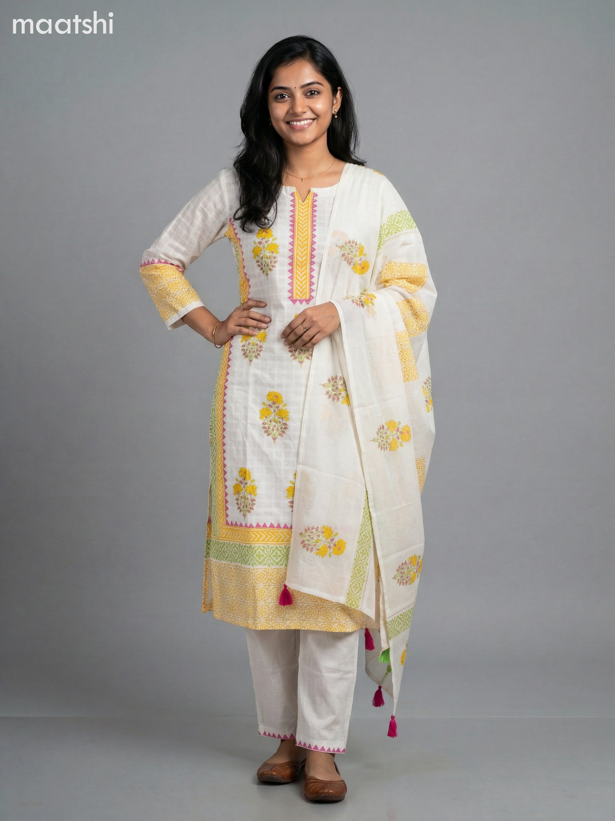 Cream and Yellow Cotton Printed Straight Suit