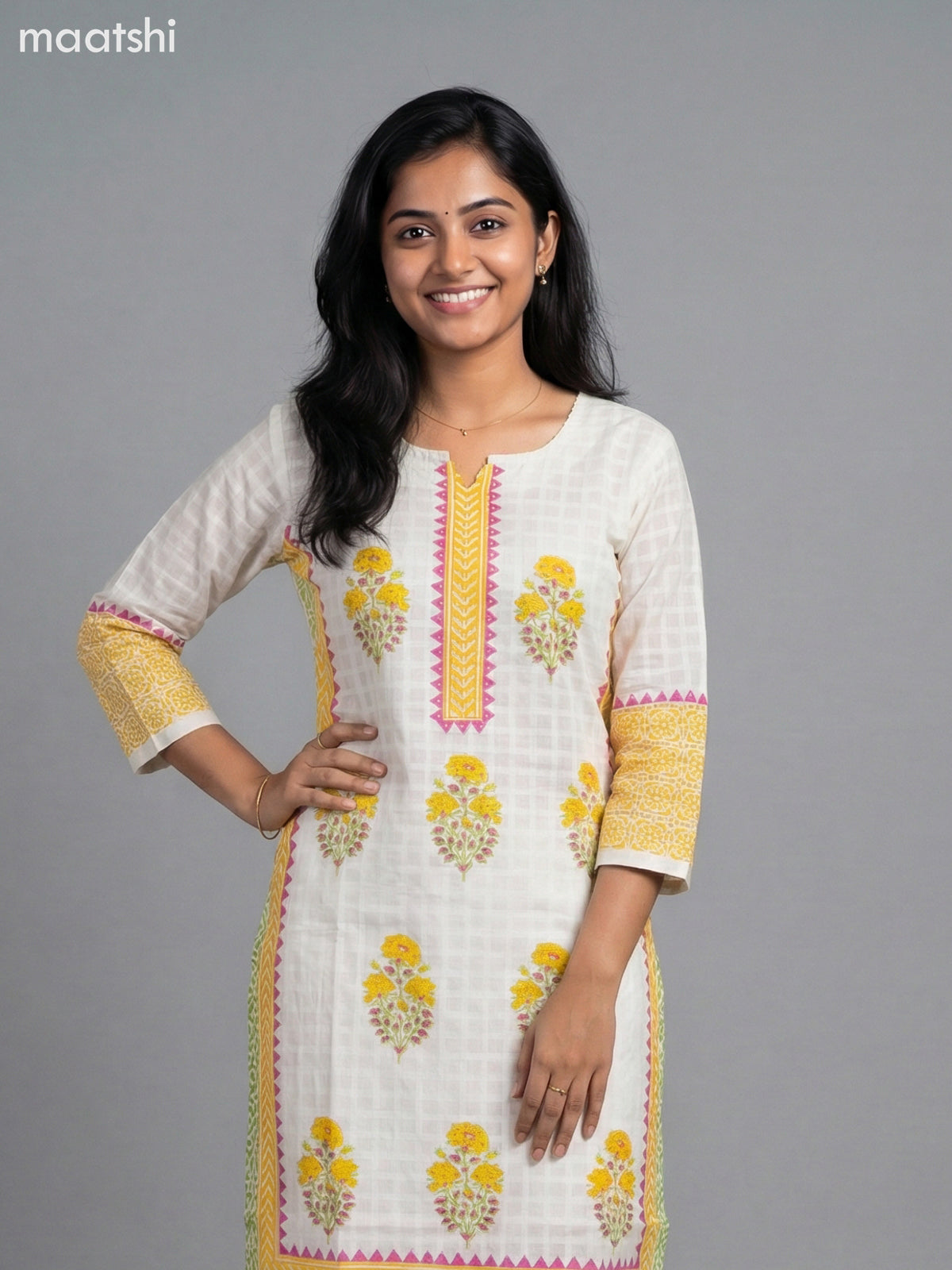 Cream and Yellow Cotton Printed Straight Suit