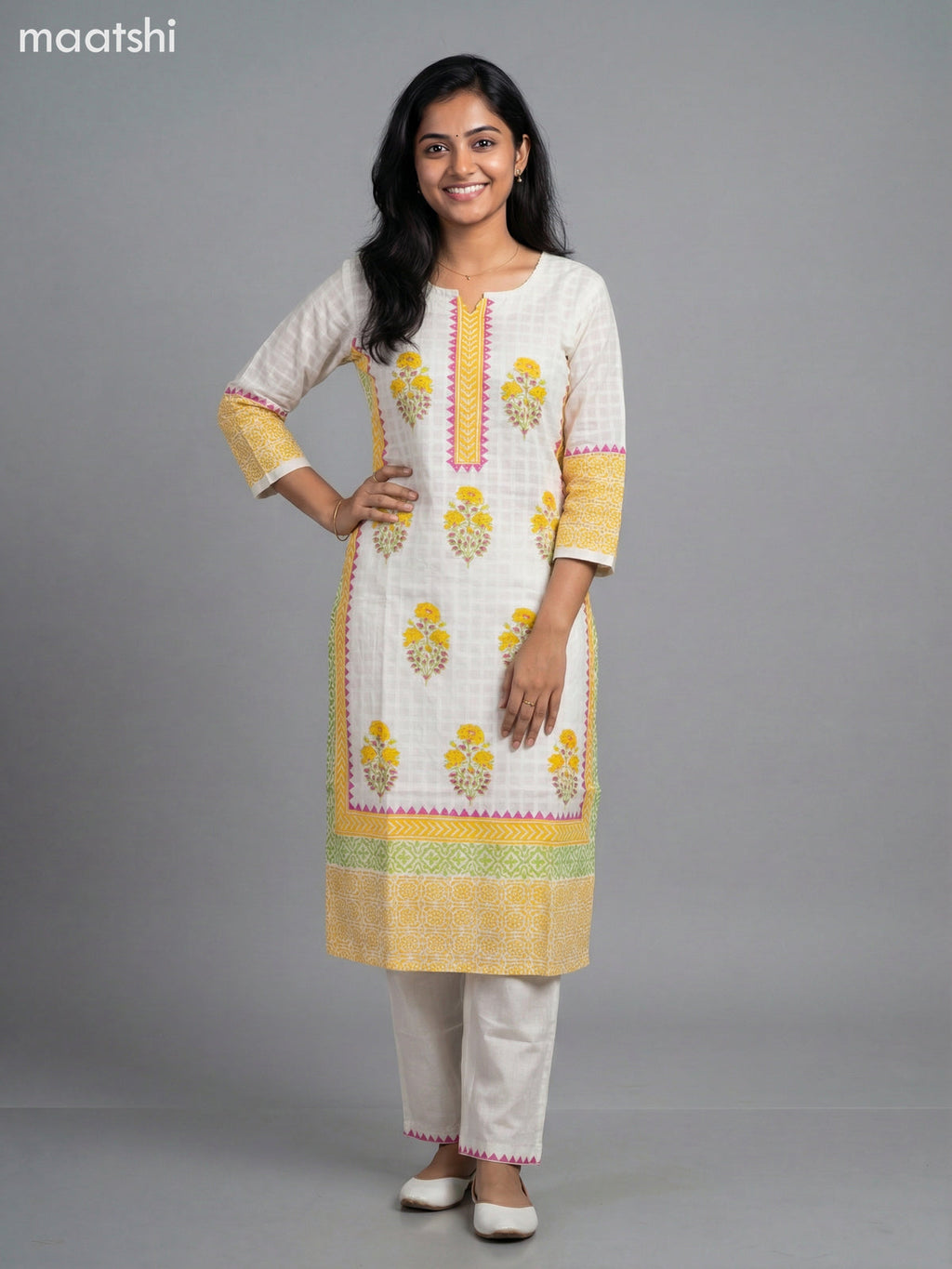 Cream and Yellow Cotton Printed Straight Suit
