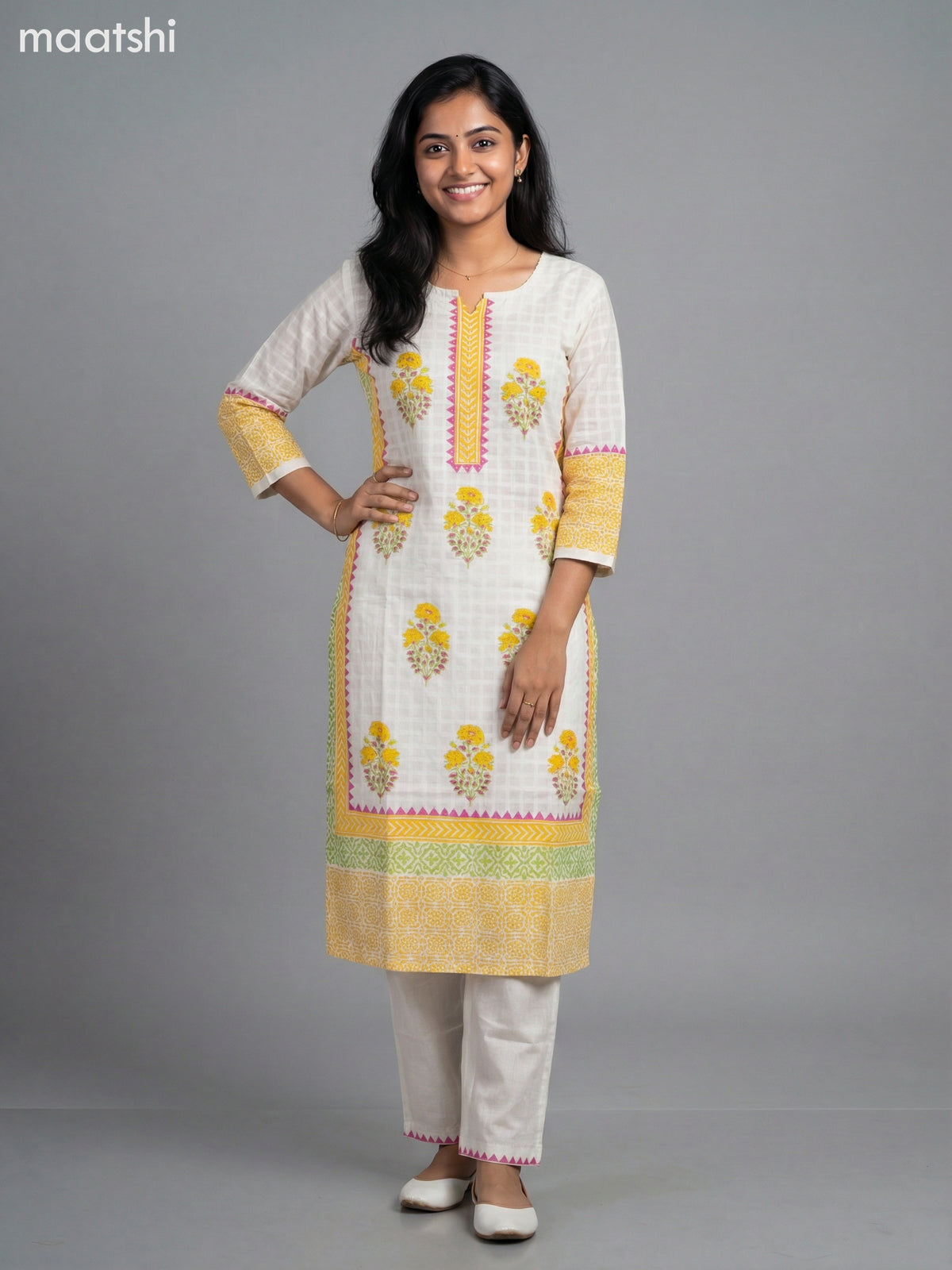 Cream and Yellow Cotton Printed Straight Suit