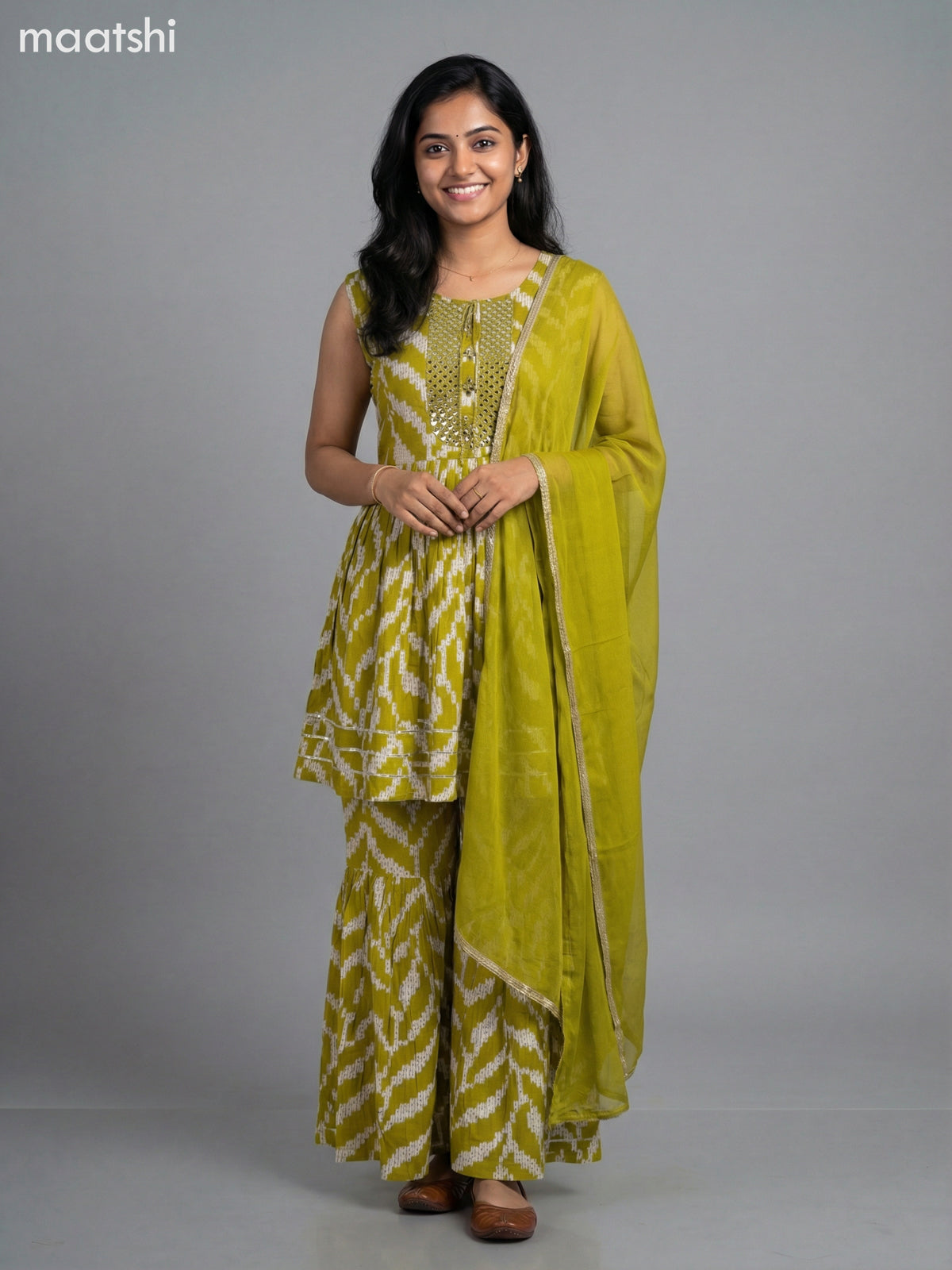 Lime Green and Cream Rayon Printed Short Anarkali Suit