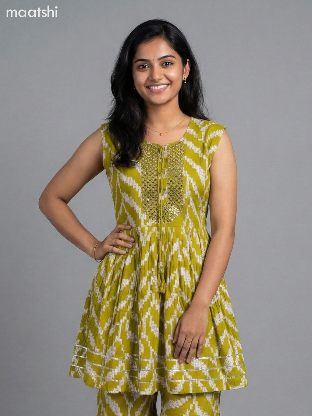 Lime Green and Cream Rayon Printed Short Anarkali Suit