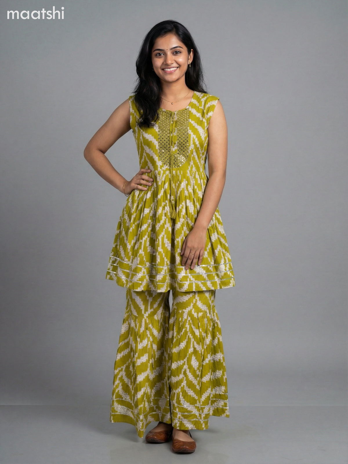 Lime Green and Cream Rayon Printed Short Anarkali Suit