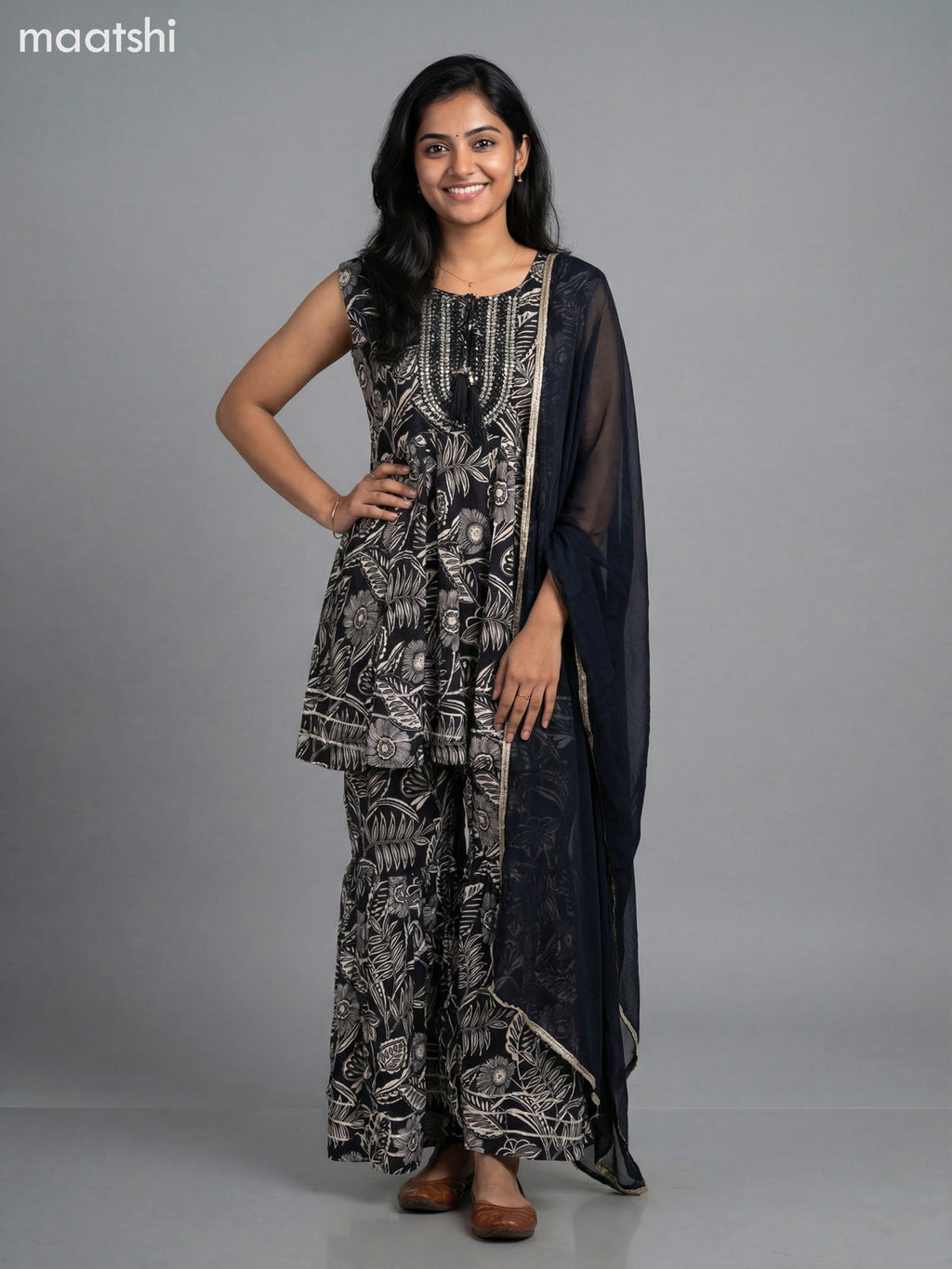 Black and Cream Rayon Floral Printed Short Anarkali Suit
