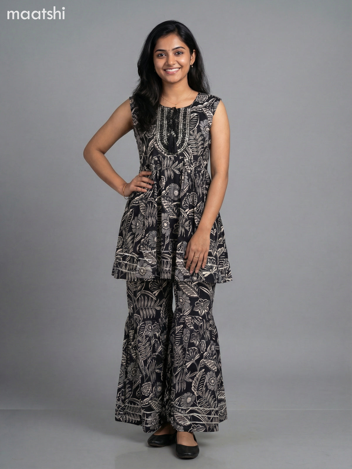 Black and Cream Rayon Floral Printed Short Anarkali Suit