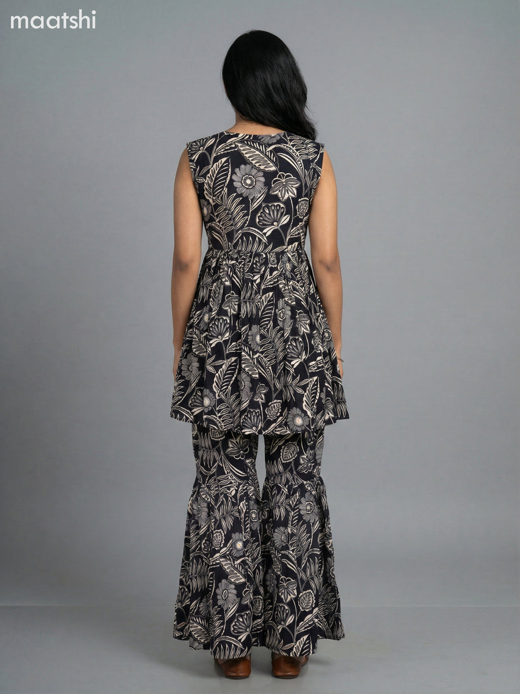 Black and Cream Rayon Floral Printed Short Anarkali Suit