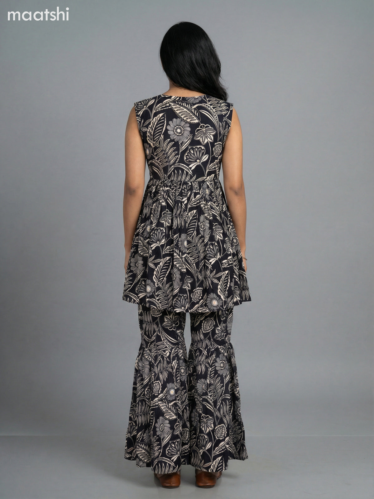 Black and Cream Rayon Floral Printed Short Anarkali Suit