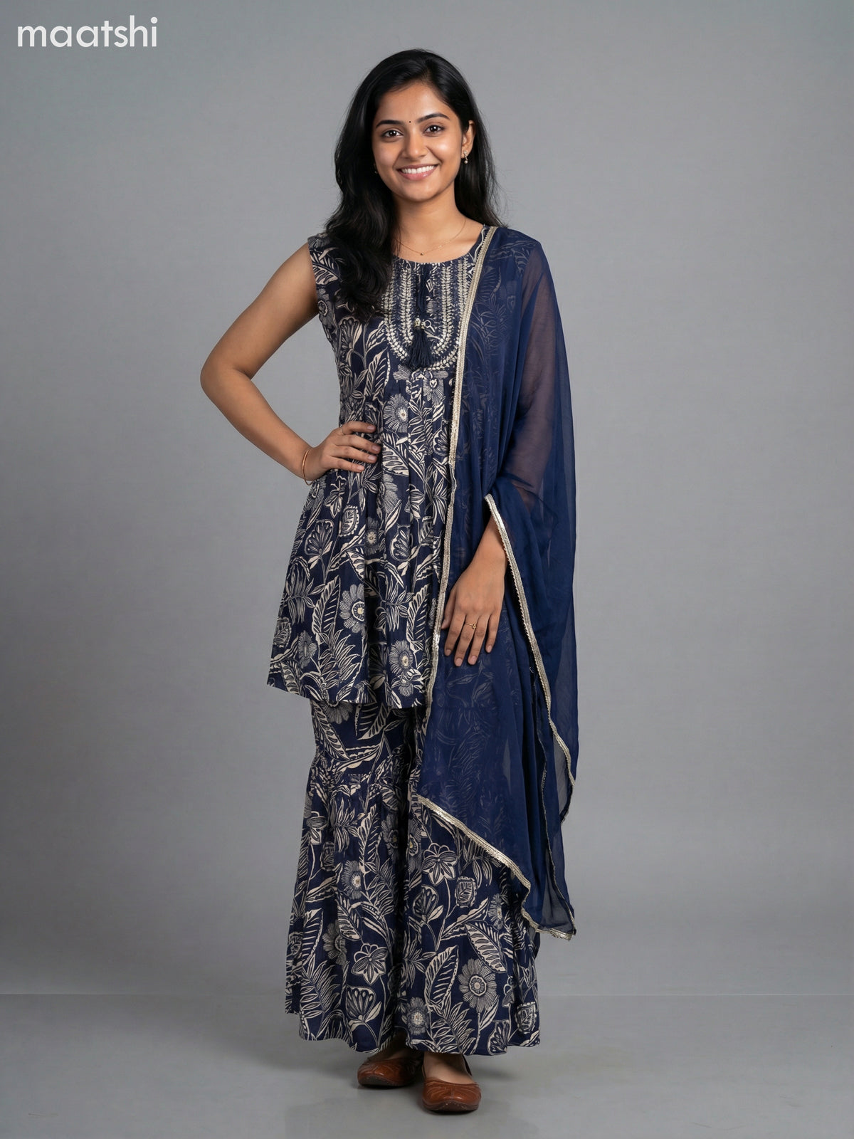 Navy Blue and Cream Rayon Floral Printed Short Anarkali Suit