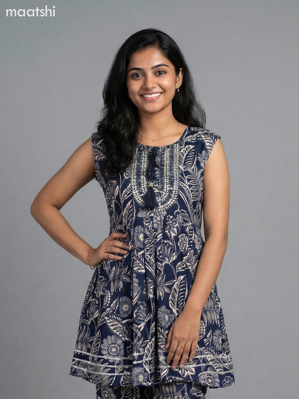 Navy Blue and Cream Rayon Floral Printed Short Anarkali Suit