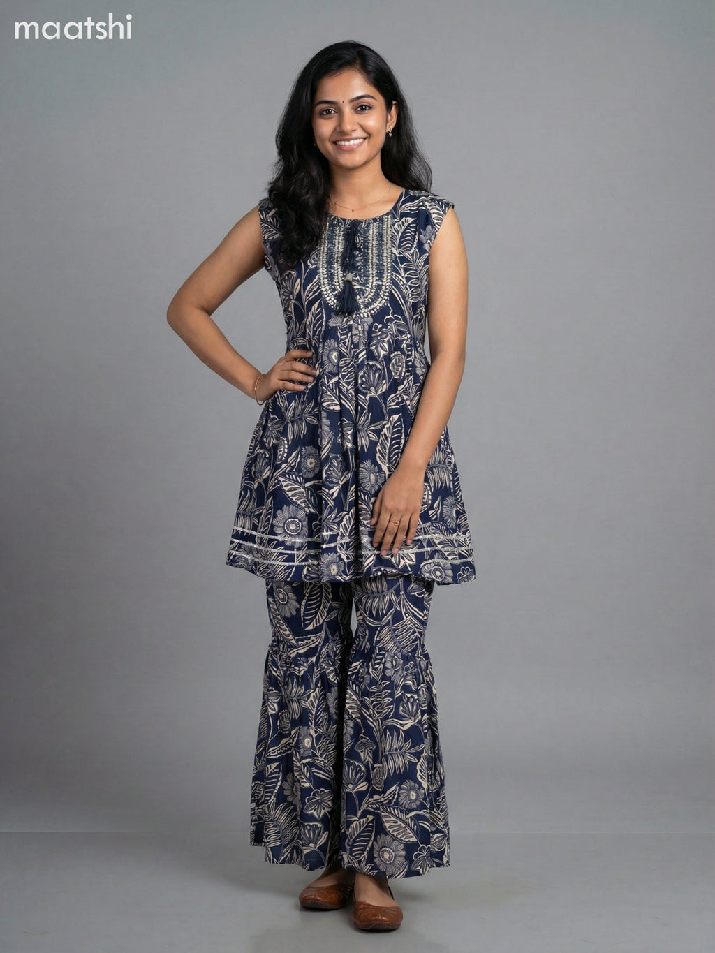 Navy Blue and Cream Rayon Floral Printed Short Anarkali Suit