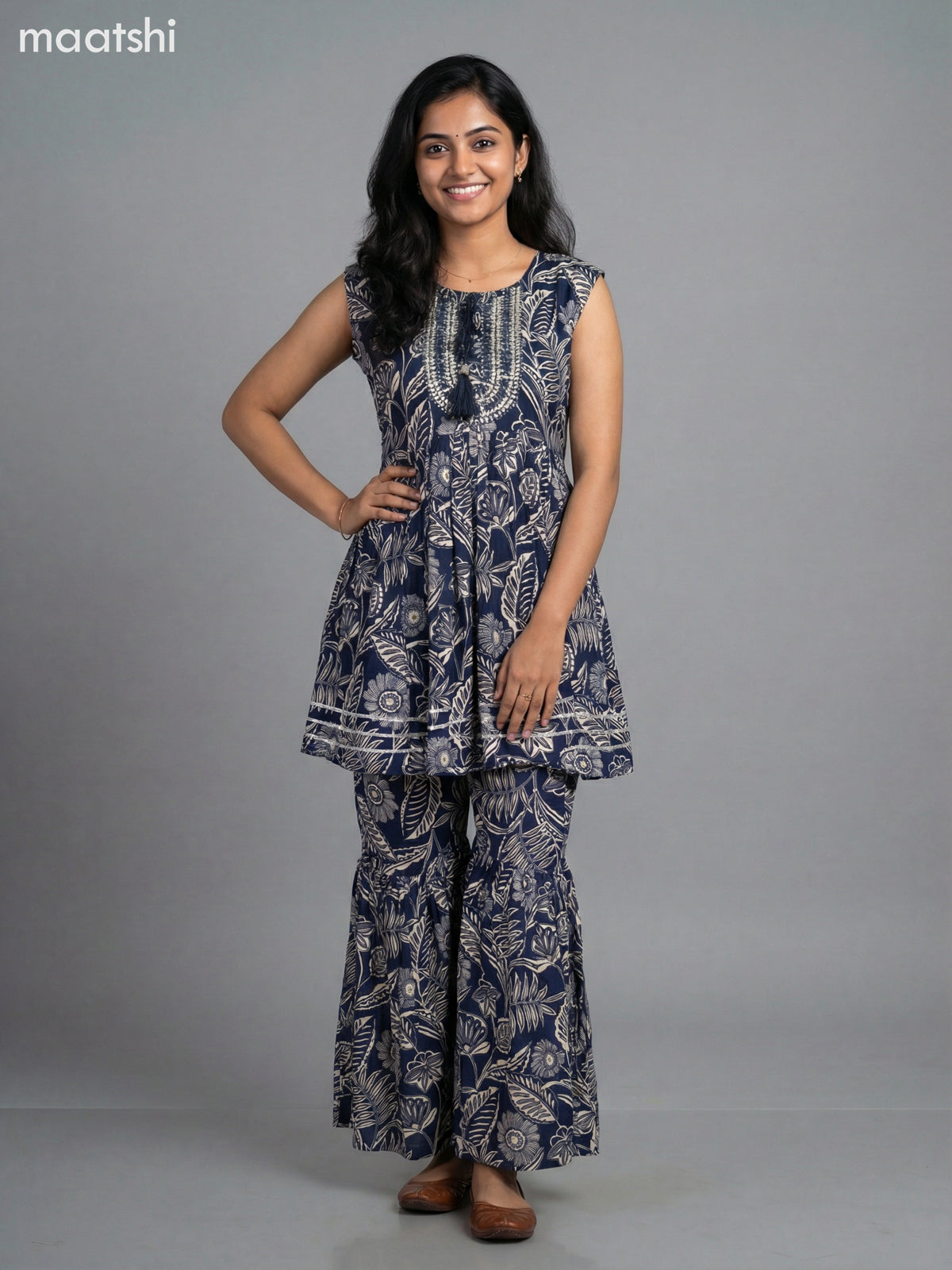 Navy Blue and Cream Rayon Floral Printed Short Anarkali Suit