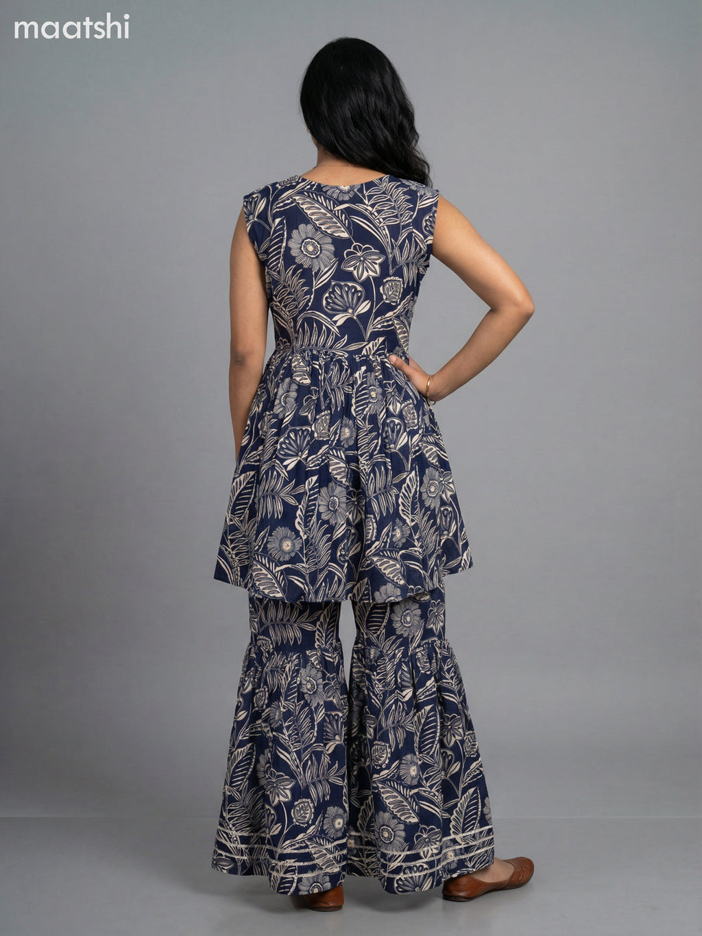 Navy Blue and Cream Rayon Floral Printed Short Anarkali Suit